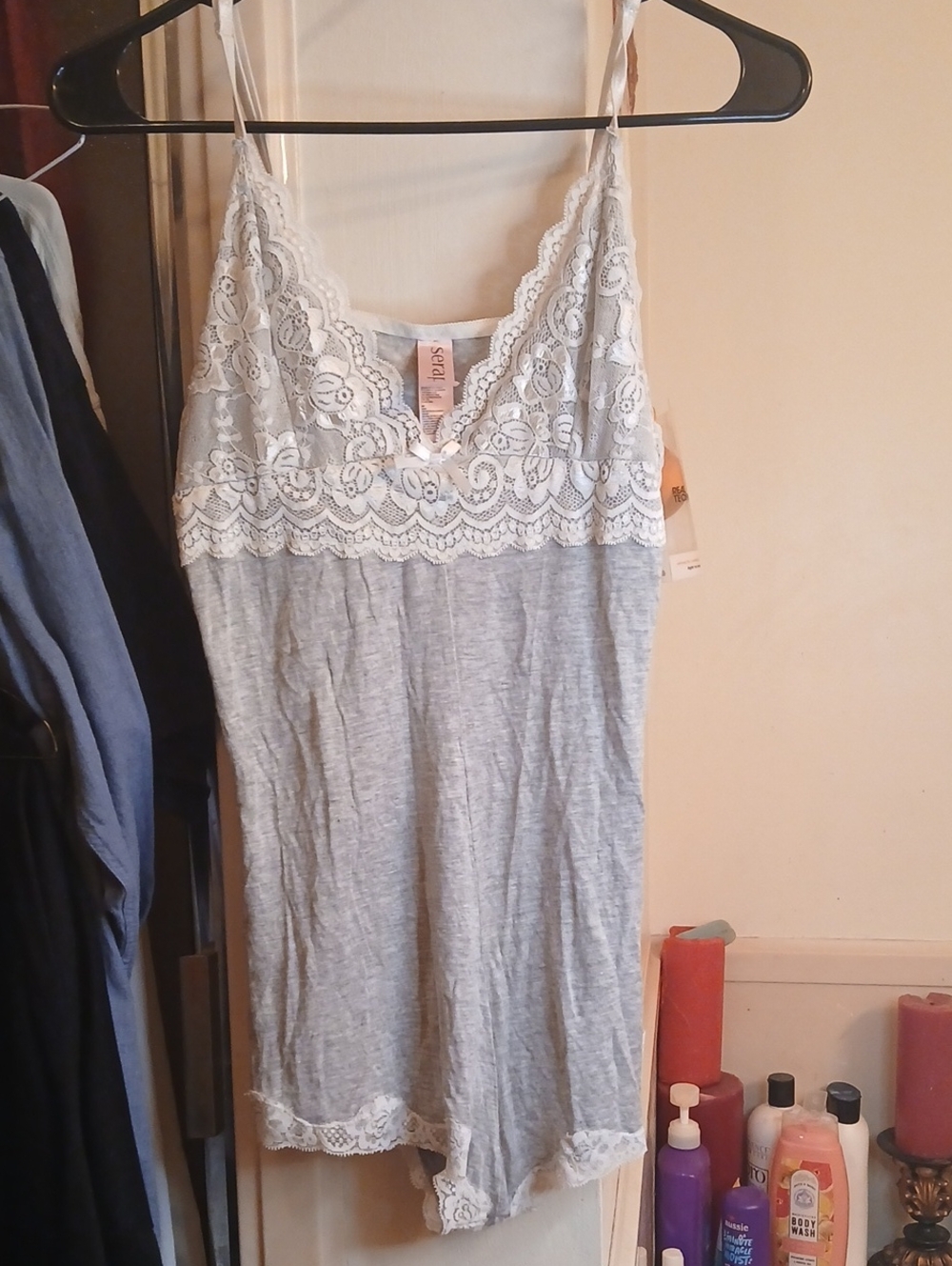 Seraphina/Light Gray Chemise with White Lace Trim,sz.L
